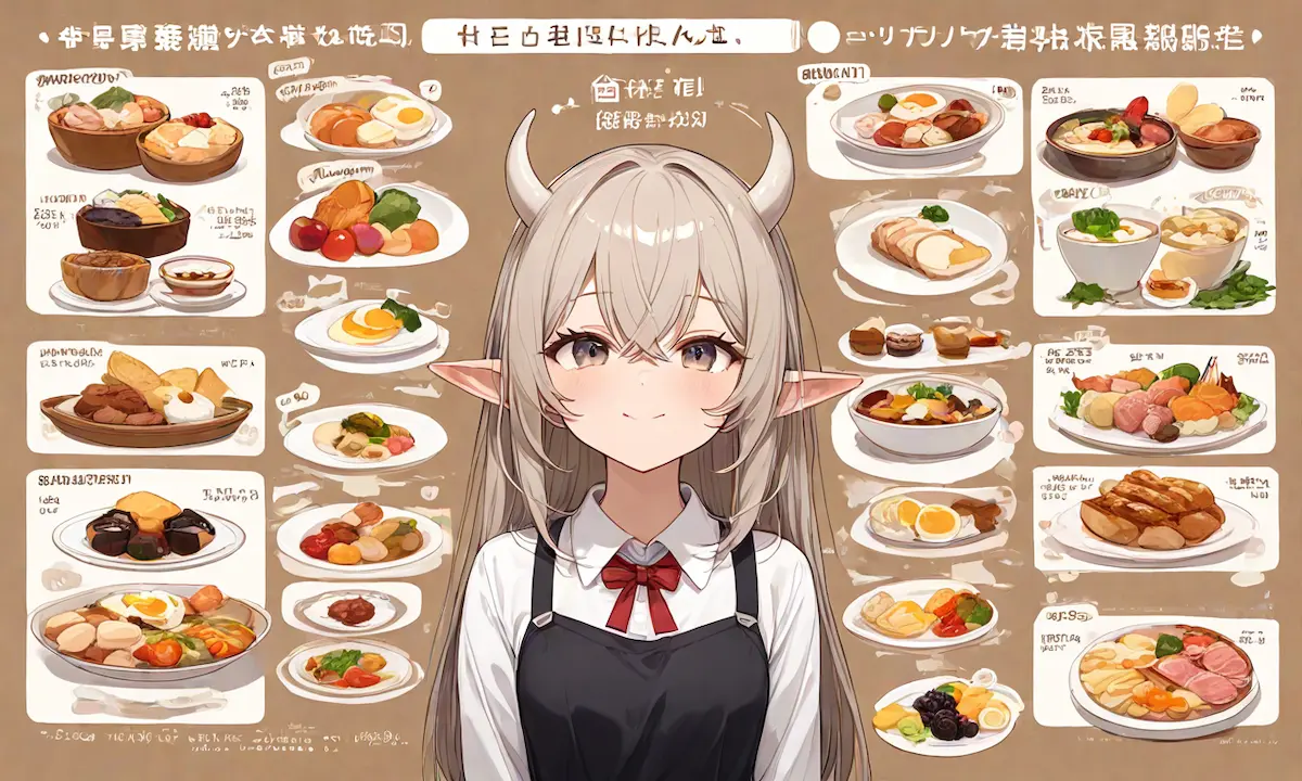 朝食の選択肢を検討しながらノートに書き込んでいるシーン。栄養バランス、好み、調理時間を考慮したメニュー選定プロセスの説明画像